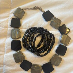 Black & Gray Square Necklace with two black Beaded Bracelets and Cuff bracelets